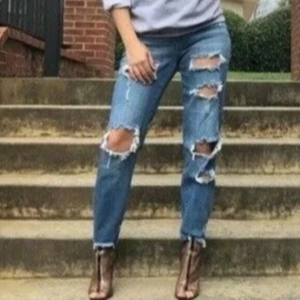 Judy Blue JB8421 Girlfriend Jeans Womens 15/32 Light Blue Distressed High Waist